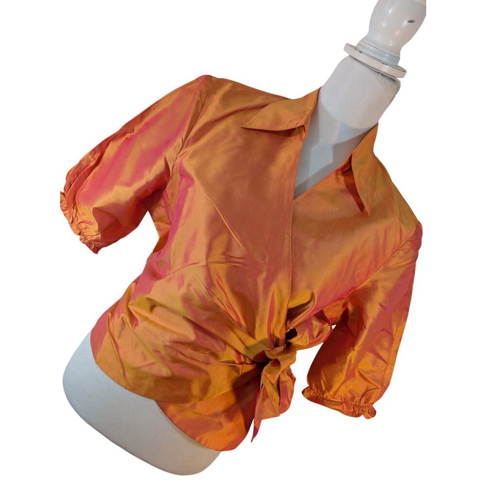 MARISA BARATELLI! 100% SILK! ORANGE/PINK SHIFTING COLOR TIE FRONT BLOUSE! SZ 14